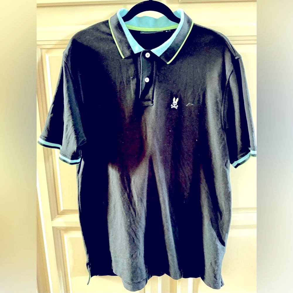 Men’s Psycho Bunny knit polo shirt- dark navy with teal and lime accents
